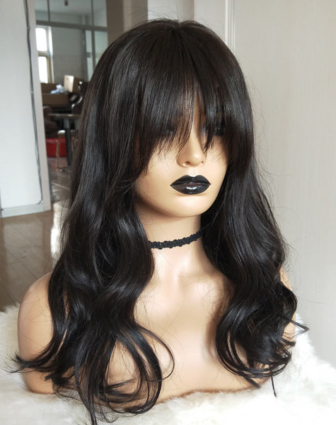 Natural Wave Human Hair Wigs With Bangs Virgin Hair Lace Front Wigs